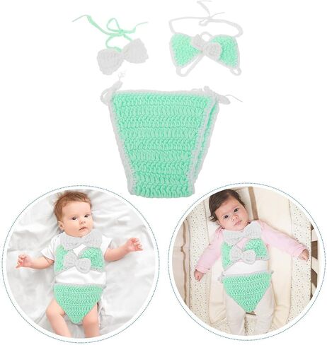 FRCOLOR Newborn Girl Swimsuit Set Crochet Bikini Photoshoot Outfit 3pcs Light Green Swimwear Cover-up for Beach and Photography in Kuwait