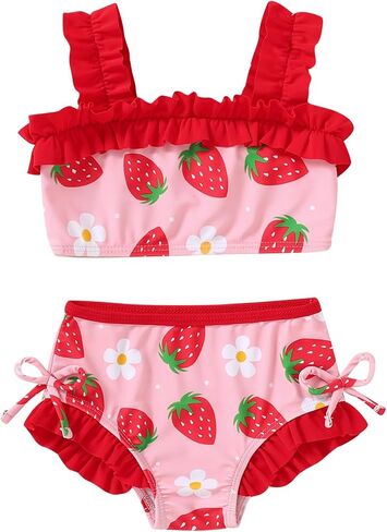 HAPPYMA Toddler Swimsuit Baby Girl Bathing Suit Ruffle Sleeveless Beach Wear Bikini Infant Tankini with Hat in Saudi Arabia