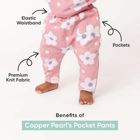 Copper Pearl Pocket Pant: Baby Pants Designed for Diapered Bums, Sizes 0-3 Months to 18-24 Months, Elastic Waistband Baby Joggers, Adorable Baby Sweatpants with Pockets - Gemma 0-3M in Kuwait
