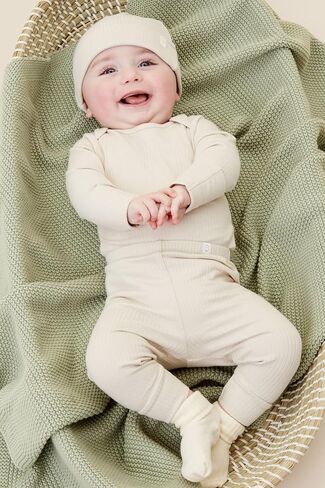 Mori Baby Unisex Premium Leggings in Ribbed Ecru - Casual Stretchy Pants with Stylish Cuffs and Elastic Waist - Viscose from Bamboo and Cotton Blend - 3-6 Months in Kuwait