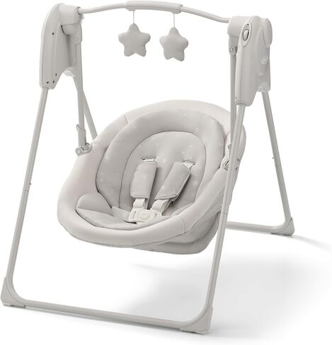 Graco Slim Spaces Compact Baby Swing, Space Saving Portable Bay Swing with Height Adjustable Legs & Soft Toys, Reign in Kuwait