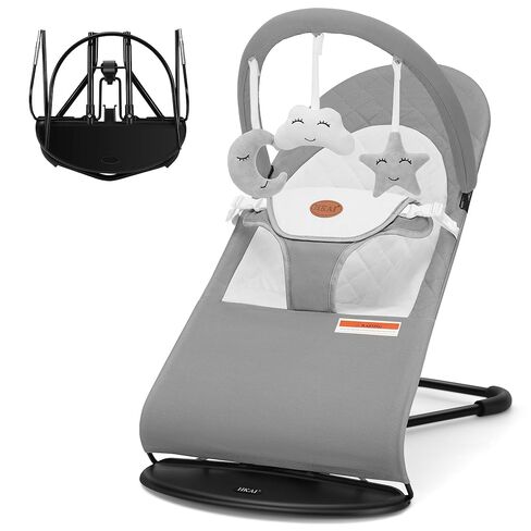 HKAI Baby Bouncer, Portable Baby Bouncer Seat for Babies 0-18 Months, 100% Cotton Fabrics, 3 Modes of use with Rocker and Stationary Options, Infant Rocker Chair with Hanging Toys-Dark Grey in Kuwait