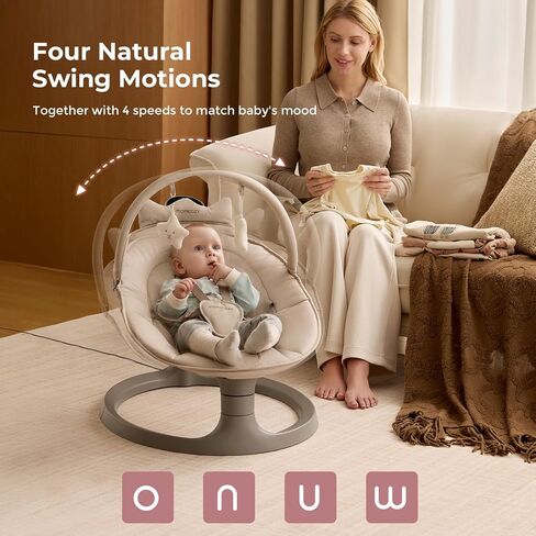 Momcozy 2-in-1 Electric Baby Swing, Dual-Arm Support System, Khaki | Parent-Inspired Motions, Converts to a Toddler Seat up to 66 lbs, with Adjustable Height and a Lightweight Design in Kuwait
