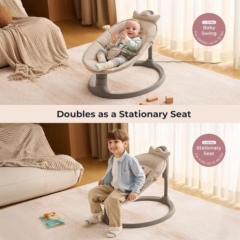Momcozy 2-in-1 Electric Baby Swing, Dual-Arm Support System, Khaki | Parent-Inspired Motions, Converts to a Toddler Seat up to 66 lbs, with Adjustable Height and a Lightweight Design in Kuwait