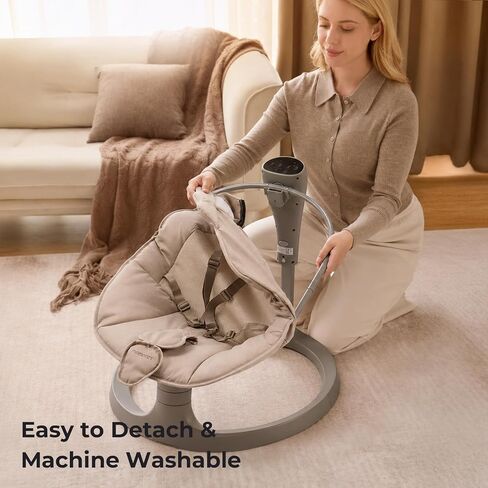 Momcozy 2-in-1 Electric Baby Swing, Dual-Arm Support System, Khaki | Parent-Inspired Motions, Converts to a Toddler Seat up to 66 lbs, with Adjustable Height and a Lightweight Design in Kuwait
