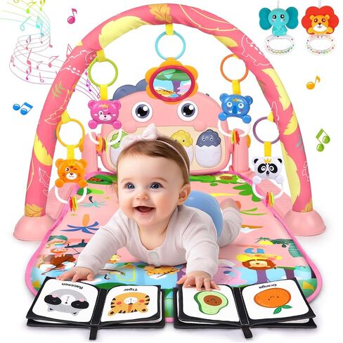 UMIKU Baby Gym Play Mats Baby Tummy Time Mat Musical Activity Center for Newborn Infant Piano Babies Play Mat Music & Light Newborn Infant Gifts for Babies 0-3 6 9 12 Months Dinosaur Style in Kuwait