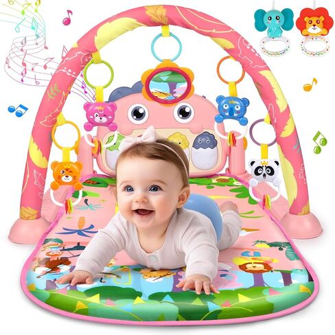 UMIKU Baby Gym Play Mats Baby Tummy Time Mat Musical Activity Center for Newborn Infant Piano Babies Play Mat Music & Light Newborn Infant Gifts for Babies 0-3 6 9 12 Months Dinosaur Style in Kuwait