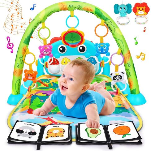 UMIKU Baby Gym Play Mats Baby Tummy Time Mat Musical Activity Center for Newborn Infant Piano Babies Play Mat Music & Light Newborn Infant Gifts for Babies 0-3 6 9 12 Months Dinosaur Style in Kuwait