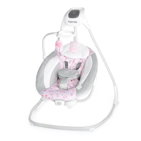 Ingenuity SimpleComfort Lightweight Compact 6-Speed Multi-Direction Baby Swing, Vibrations & Nature Sounds, 0-9 Months 6-20 lbs (Pink Cassidy) | Compact & Portable, Hands Free Soothing for Fussy Babies, Vibrations & USB Power for Newborns, 6-20 lbs in Kuwait
