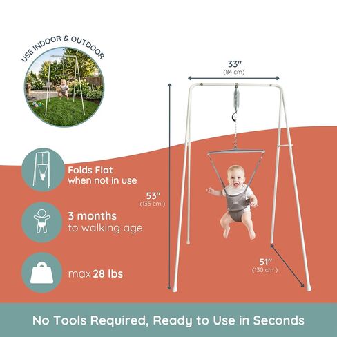 Jolly Jumper Classic (Grey) with Stand - Original Baby Jumper, Indoor and Outdoor Exercise Saddle Seat, Adjustable Height, for Infants up to 28lbs in Kuwait