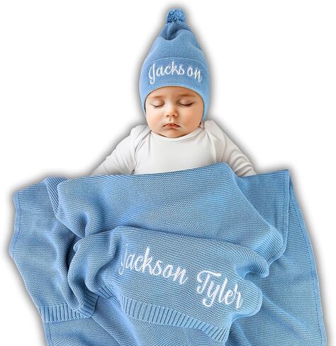 Personalized Baby Blanket Gift Box, 100% GOTS Organic Certified, Customized Swaddle Blanket with Name, Receiving Blankets for Boys and Girls, Embroidered Gifts for Newborns, Kids and Baby Showers in Kuwait