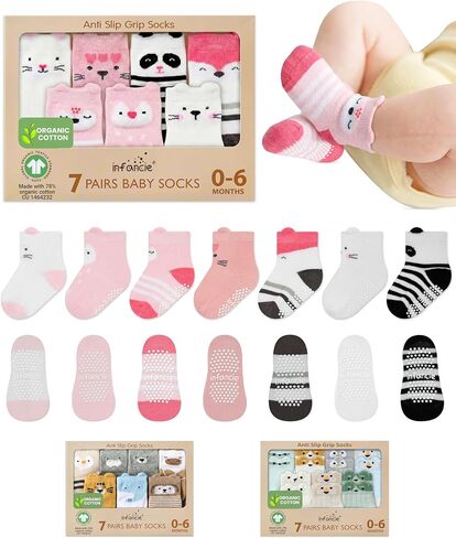 GOTS Organic Cotton Blend 7 Baby Socks 0-6 Months Animal Design Non Slip in Kuwait