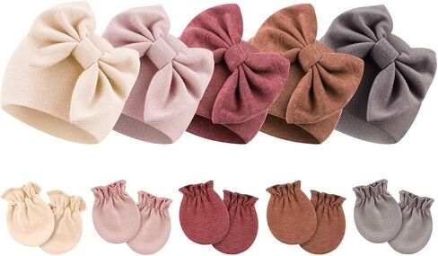BQUBO Newborn Baby Girls Hats Mittens Set Hospital Hat Beanie Infant Bow Hats Baby Cotton Gloves for 0-6 Months in Kuwait