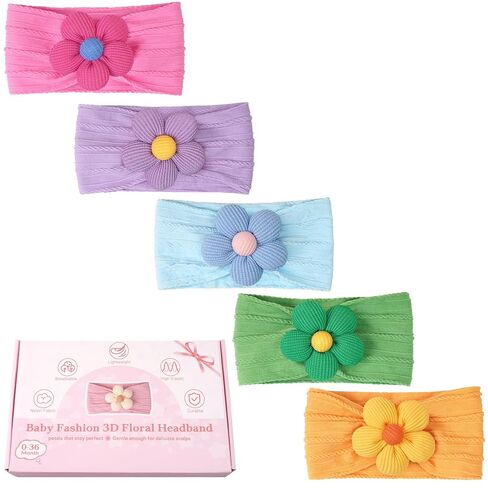 CÉLLOT 5Pcs Baby Flower Headbands Baby Girl Soft Nylon Headband for Newborn | Floral Nylon Hairbands | Hair Accessories for Infant Toddler Kids | Gifts for Babies in Kuwait
