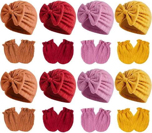 Newborn Baby Girl Hats Mittens Set Cotton Hospital Bow Hat Beanies Caps Gloves for New Born Girls 0-6 Months in Kuwait
