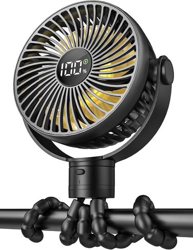 Coohea Portable Stroller Fan, 25H Long-lasting, 4 Speed, Night Light, Black | 4000mAh Rechargeable Battery Powered Fan, Head Detachable 360° Rotate Mini Fan, Easy to Wrap for Car Seat Crib Bike Treadmill in Saudi Arabia