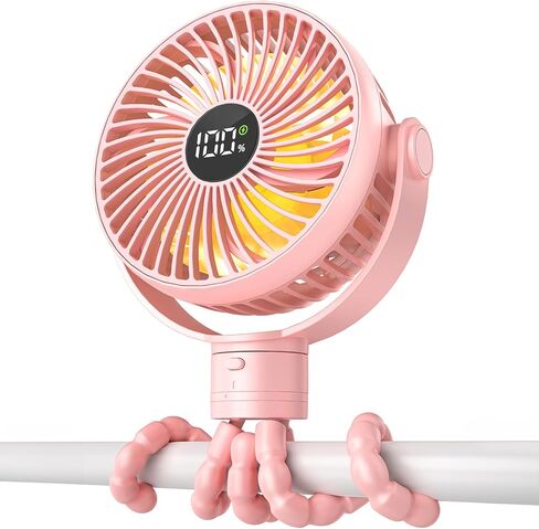 Coohea Portable Stroller Fan, 25H Long-lasting, 4 Speed, Night Light, Black | 4000mAh Rechargeable Battery Powered Fan, Head Detachable 360° Rotate Mini Fan, Easy to Wrap for Car Seat Crib Bike Treadmill in Saudi Arabia