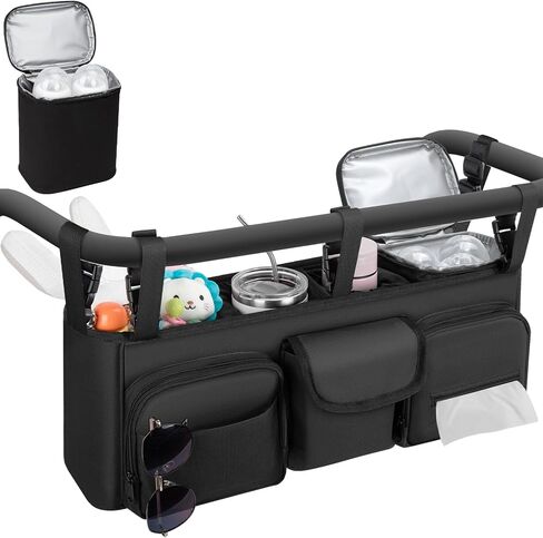 GDNasist Double Stroller Organizer Compatible with Bob Duallie and Baby Jogger City Mini GT2, Double Baby Stroller Accessories with Cooler Bag, Parent Console Double Jogging Stroller Caddy, Black in Kuwait