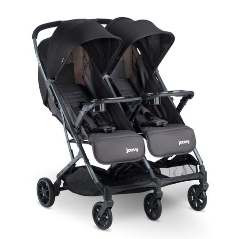 Joovy Kooper X2 Side-by-Side Double Stroller Featuring Dual Snack Trays, One-Handed Fold, Multi-Position Reclining Seats, Adjustable Leg Rests, and 2 Zippered Pockets for Storage, Forged Iron | Side-by-Side Seats, Adjustable Leg Rests, Big Wheels for Smoo in Kuwait