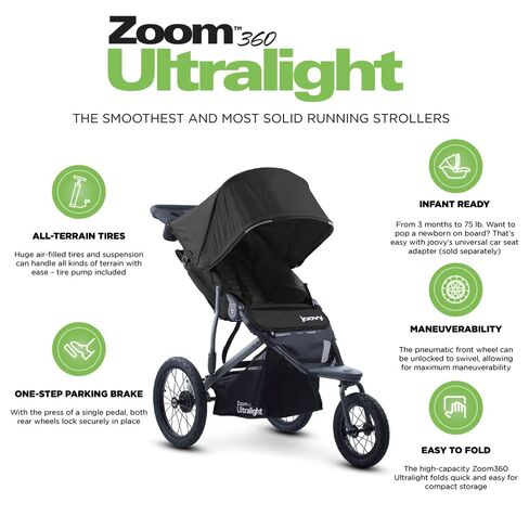 Joovy Zoom360 Ultralight Jogging Stroller, Black | High Child Seat, Shock-Absorbing Suspension, Extra-Large Air-Filled Tires, Parent Organizer, Air Pump, Easy One-Hand Fold in Kuwait