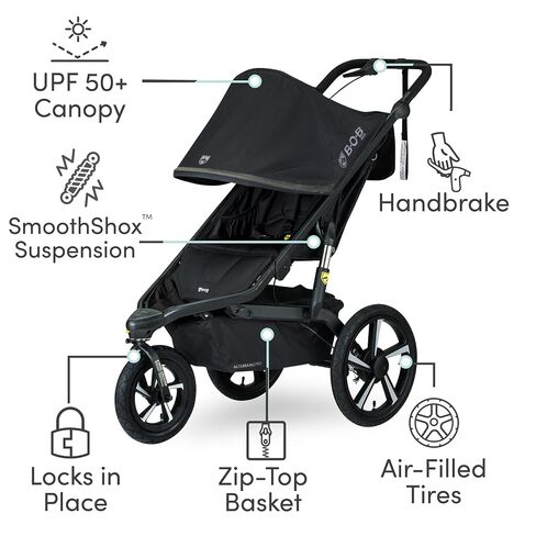 BOB Gear Alterrain Pro Jogging Stroller — Black | All Terrain, All Weather Jogger Stroller; SmoothShox Suspension & Air-Filled Tires; Car Seat Compatible in Kuwait