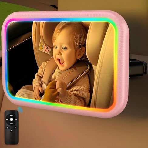 Baby Car Mirror with Light, 7 RGB Light Rear Facing Baby Car Seat Mirror with Remote Control Rechargeable 360° Rotation Hook Clip Design Wide View Shatterproof in Kuwait