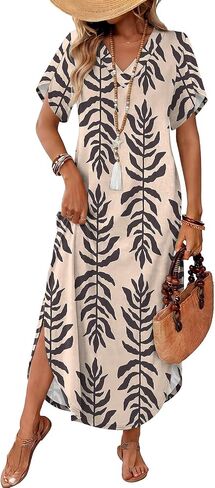 WIHOLL Summer Dresses for Women Short Sleeve Maxi Dresses V Neck Sundress with Side Slit Pockets Casual Beach Dress in Kuwait