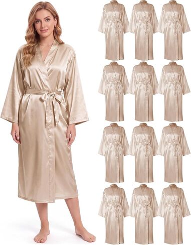 Xtinmee 6/12 Pcs Women's Long Satin Robes Full Length Sleepwear Silky Bath Robe Kimono Dressing for Wedding Birthday Party in Kuwait