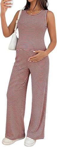 BLENCOT Maternity Clothes Striped Sleeveless Sets Casual 2 Piece Outfits | Soft, breathable knit for sleep and nightwear, relaxed home wear, lightweight summer outfit, vacation and photoshoot gift in Kuwait