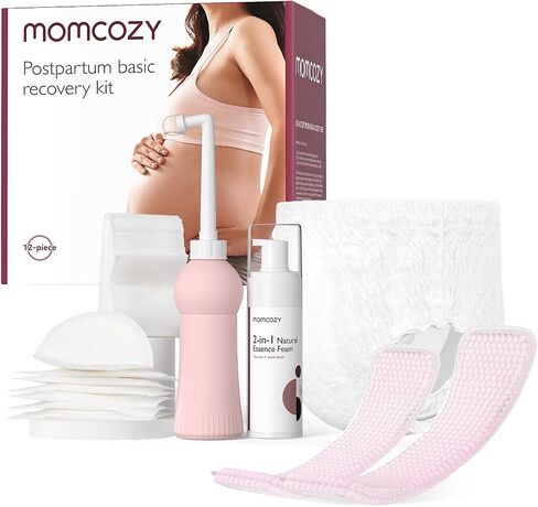 Momcozy Postpartum Recovery Essentials Kit, Labor Delivery Mom Care Kit, Self-Absorbent Disposable Underwear Nipple Nursing Pads Upside Down Peri Bottle Cold Pads Cooling Foam Canvas Bag Set in Kuwait