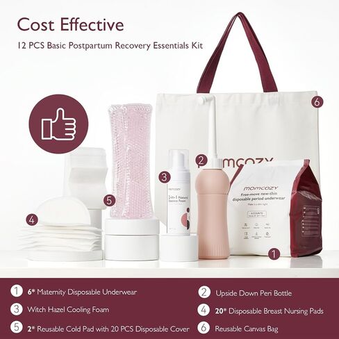 Momcozy Postpartum Recovery Essentials Kit, Labor Delivery Mom Care Kit, Self-Absorbent Disposable Underwear Nipple Nursing Pads Upside Down Peri Bottle Cold Pads Cooling Foam Canvas Bag Set in Kuwait