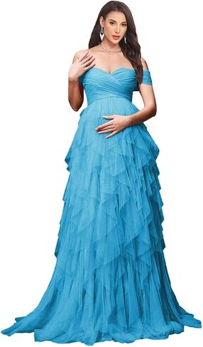 Women's Tulle Maternity Dresses Photoshoot Off Shoulder Tiered Baby Shower in Kuwait