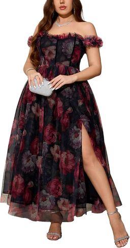 EYWOL Plus Size Formal Wedding Guest Cocktail Party Floral Dress with Slit | Plus Size,Floral,Tulle,Midi,Sweetheart,Off Shoulder,A Line,Gown,Wedding Guest,Cocktail,Prom,Strapless,Formal,Party,Evening in Saudi Arabia
