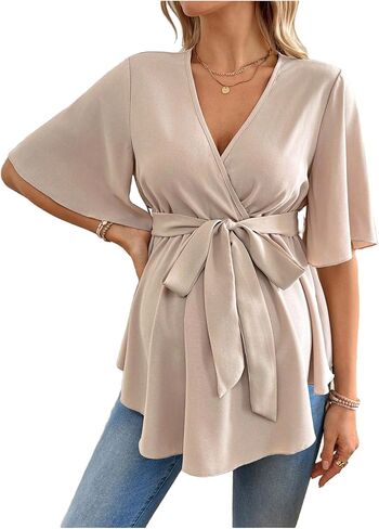 MakeMeChic Women's Maternity Nursing Blouse Wrap Belted Pregnancy Shirt | V Neck, Short Sleeve, Ruffle, Business Work Tops in Saudi Arabia