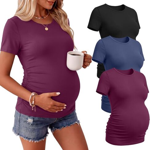 Ficerd 3 Pack Women's Maternity Side Ruched T-Shirts | Pregnant Woman Short Sleeve Tops, Comfy, Crew Neck, Pregnancy Clothes, Summer, Solid Color in Saudi Arabia