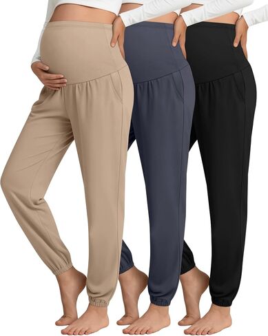 3 Pack Women's Maternity Pants Maternity Jogger Sweatpants Over The Belly Stretchy Pregnancy Pants with Pockets(Khaki,Haze Blue,Black,Large) in Kuwait