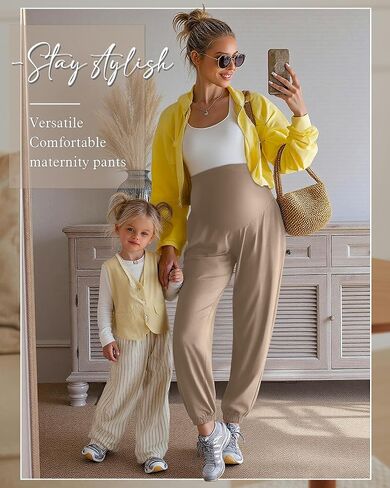 3 Pack Women's Maternity Pants Maternity Jogger Sweatpants Over The Belly Stretchy Pregnancy Pants with Pockets(Khaki,Haze Blue,Black,Large) in Kuwait