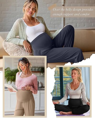3 Pack Women's Maternity Pants Maternity Jogger Sweatpants Over The Belly Stretchy Pregnancy Pants with Pockets(Khaki,Haze Blue,Black,Large) in Kuwait