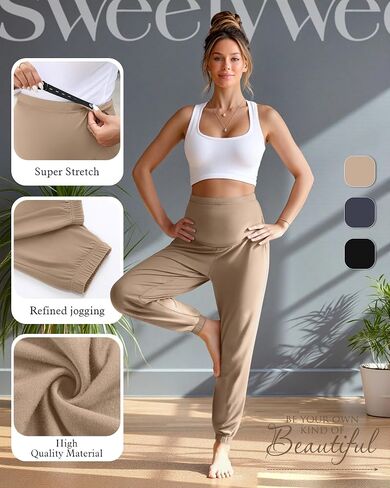 3 Pack Women's Maternity Pants Maternity Jogger Sweatpants Over The Belly Stretchy Pregnancy Pants with Pockets(Khaki,Haze Blue,Black,Large) in Kuwait