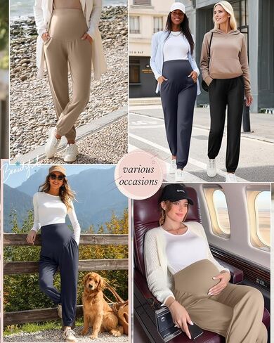 3 Pack Women's Maternity Pants Maternity Jogger Sweatpants Over The Belly Stretchy Pregnancy Pants with Pockets(Khaki,Haze Blue,Black,Large) in Kuwait