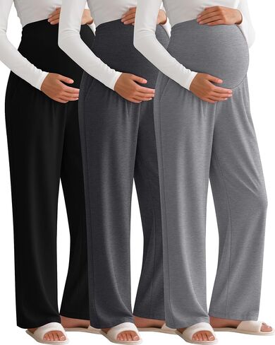 3 Pack Women's Maternity Pants Loose Wide Leg Pregnancy Sweatpants Over the Belly Lounge Pants Pajama with Pockets(Black, Dark Heather Gray, Light Gray,Medium) in Kuwait