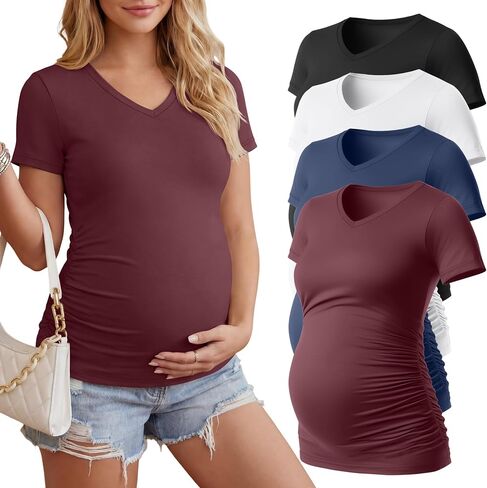 Huukeay 4 Pack Women's Maternity Shirts, V Neck Maternity Top Short Sleeve Casual Tee Side Ruched Pregnancy Clothes in Saudi Arabia