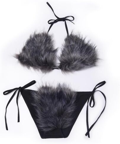 ZOSCGJMY Women's Faux Fur Halter String Triangle Bikini Sets Two Piece Swimsuits in Kuwait