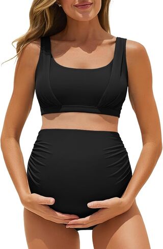 Summer Mae Maternity Bikini Swimsuit Wide Straps Ruched High Waisted Two Piece Bathing Suit Scoop Neck Pregnancy Swimwear Black 6/8 in Kuwait