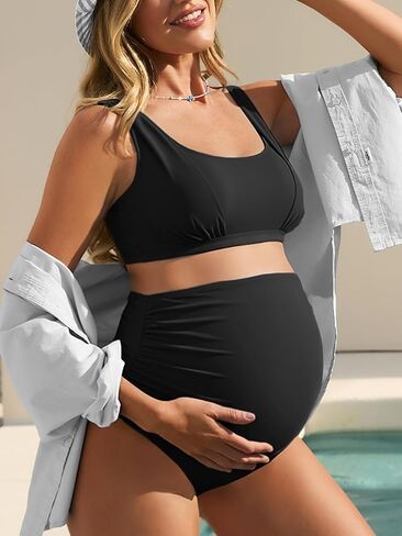 Summer Mae Maternity Bikini Swimsuit Wide Straps Ruched High Waisted Two Piece Bathing Suit Scoop Neck Pregnancy Swimwear Black 6/8 in Kuwait