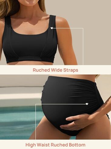Summer Mae Maternity Bikini Swimsuit Wide Straps Ruched High Waisted Two Piece Bathing Suit Scoop Neck Pregnancy Swimwear Black 6/8 in Kuwait