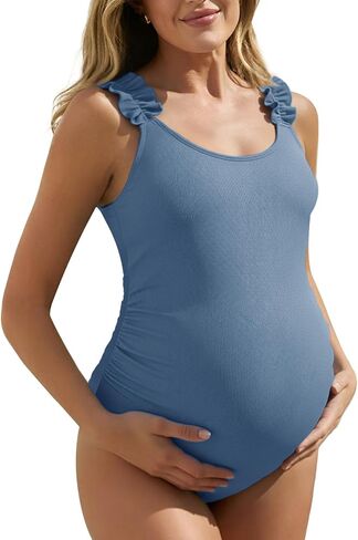 Summer Mae Ribbed Maternity One Piece Swimsuit Ruffle Wood Ear Bathing Suit | Pregnancy Swimwear, Adjustable Straps, Side Ruching, Stretchy Bump Fit, Bust Support, Babymoon, Pool and Beach Days in Saudi Arabia