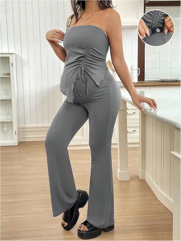 MakeMeChic Women's Maternity Sets 2 Piece Summer Outfits Ruched Tube Top and Pants Pregnancy Matching Set Dark Grey Large in Kuwait