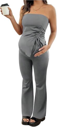 MakeMeChic Women's Maternity Sets 2 Piece Summer Outfits Ruched Tube Top and Pants Pregnancy Matching Set Dark Grey X-Large in Kuwait
