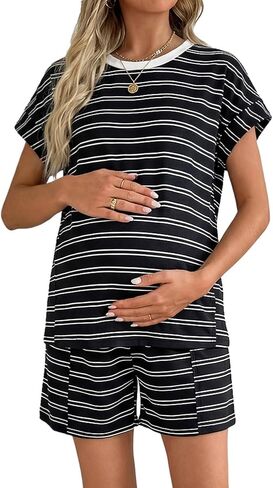 BLENCOT Women's Maternity 2 Piece Outfits Striped Knit Tank Tops and Shorts Pregnancy Loungewear Mama Clothes Black L in Kuwait